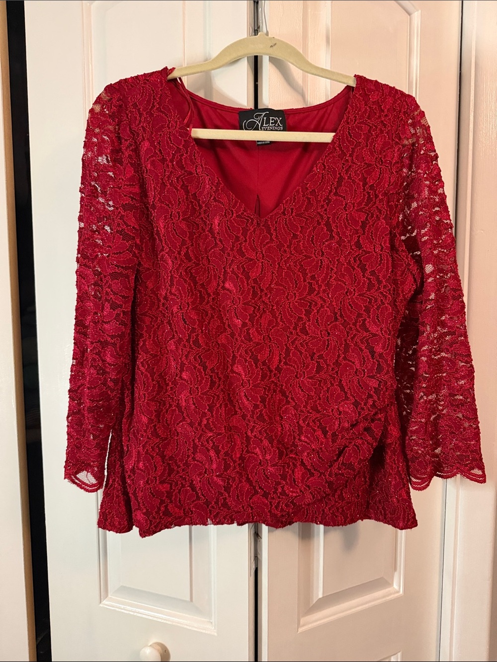 Alex Evenings Red Lace V-Neck Tunic with Sheer Sleeves